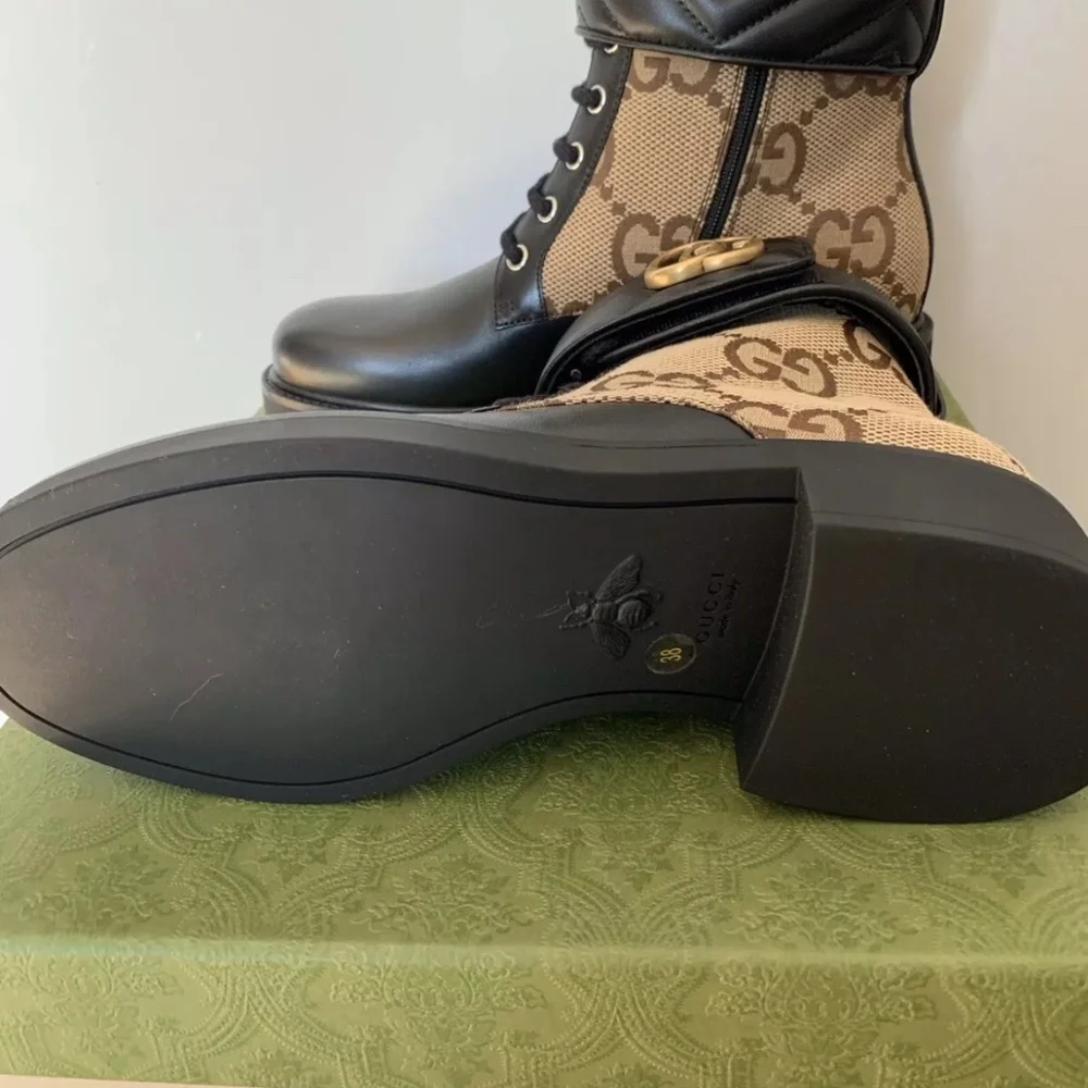 Gucci Double G Logo Leather Combat Boots - Picture 3 of 10